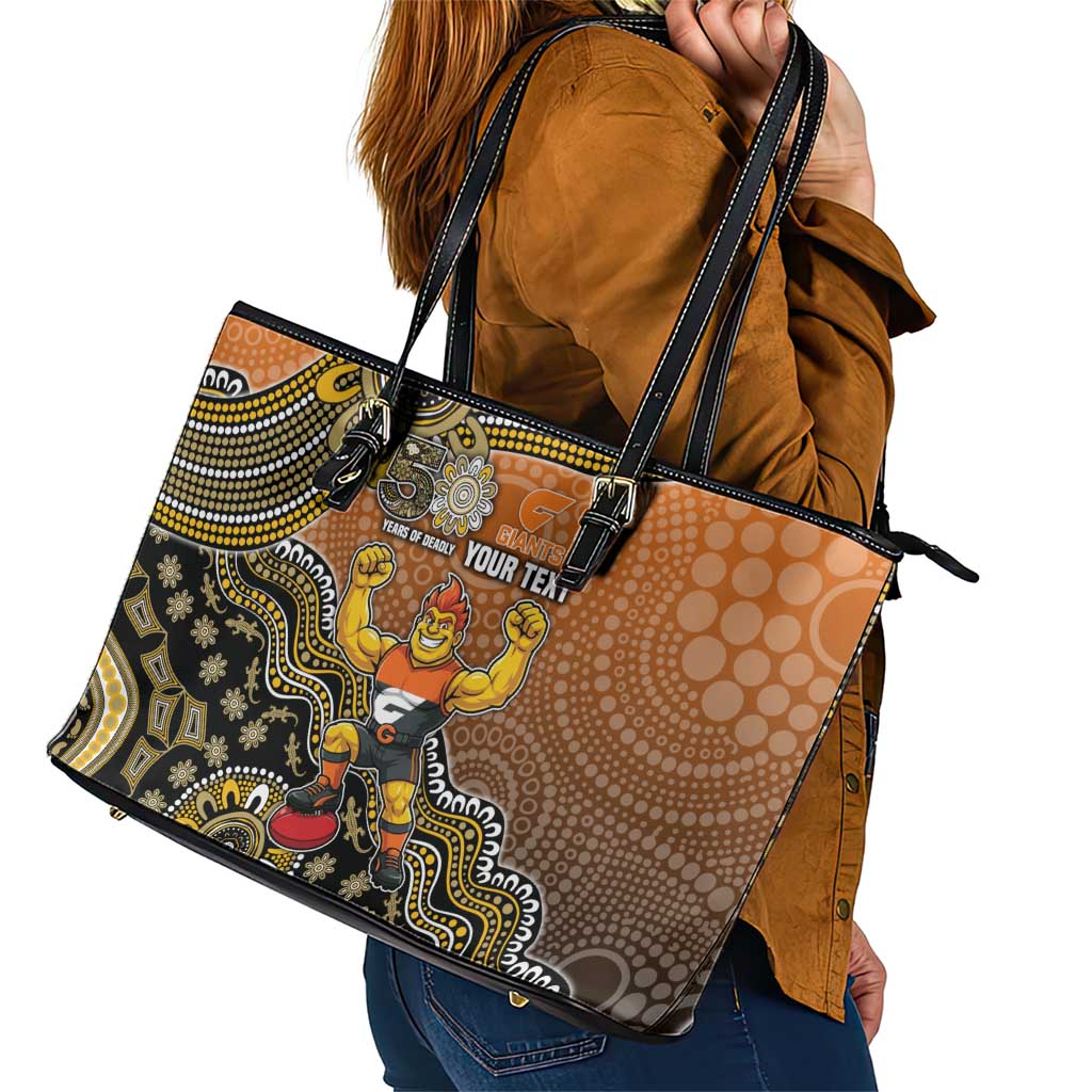 Personalized Giants Football Mascot Leather Tote Bag Aboriginal Dot Art Style Vibrant Indigenous Pattern Design