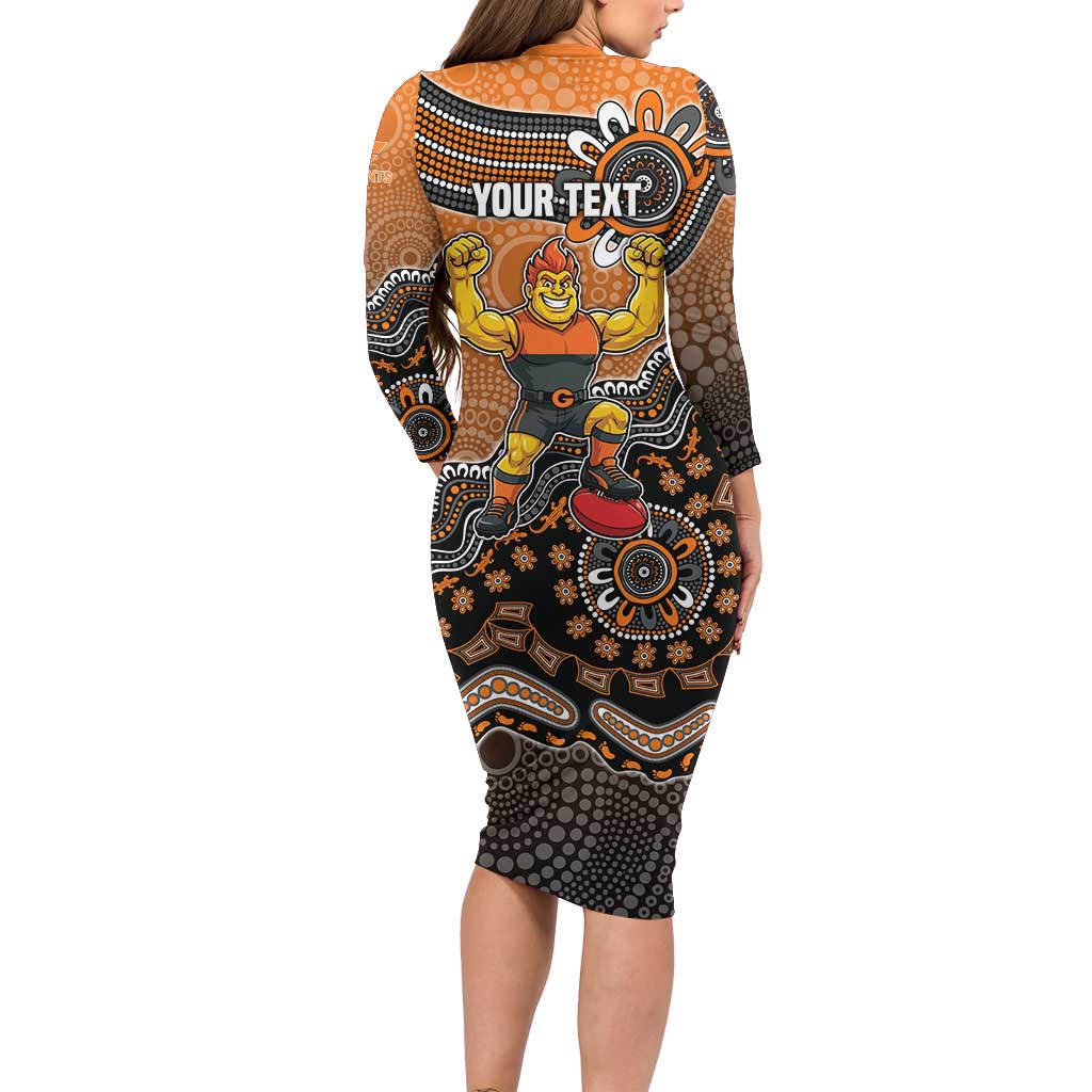 Personalized Giants Football Mascot Long Sleeve Bodycon Dress Aboriginal Dot Art Style Vibrant Indigenous Pattern Design