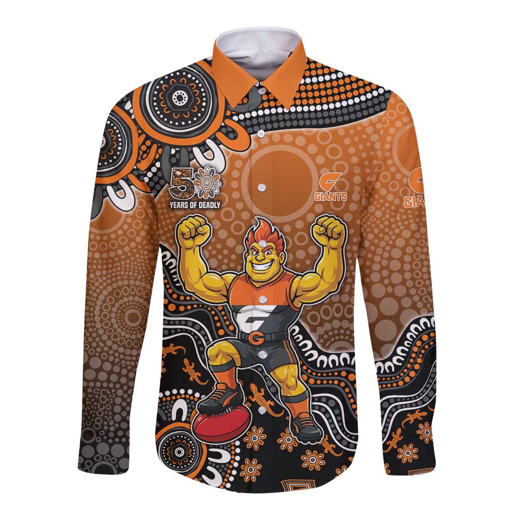 Personalized Giants Football Mascot Long Sleeve Button Shirt Aboriginal Dot Art Style Vibrant Indigenous Pattern Design