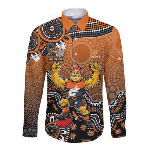 Personalized Giants Football Mascot Long Sleeve Button Shirt Aboriginal Dot Art Style Vibrant Indigenous Pattern Design