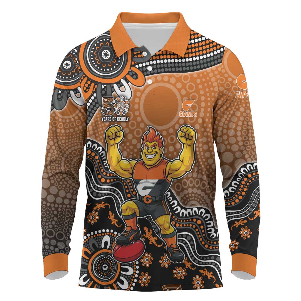 Personalized Giants Football Mascot Long Sleeve Polo Shirt Aboriginal Dot Art Style Vibrant Indigenous Pattern Design