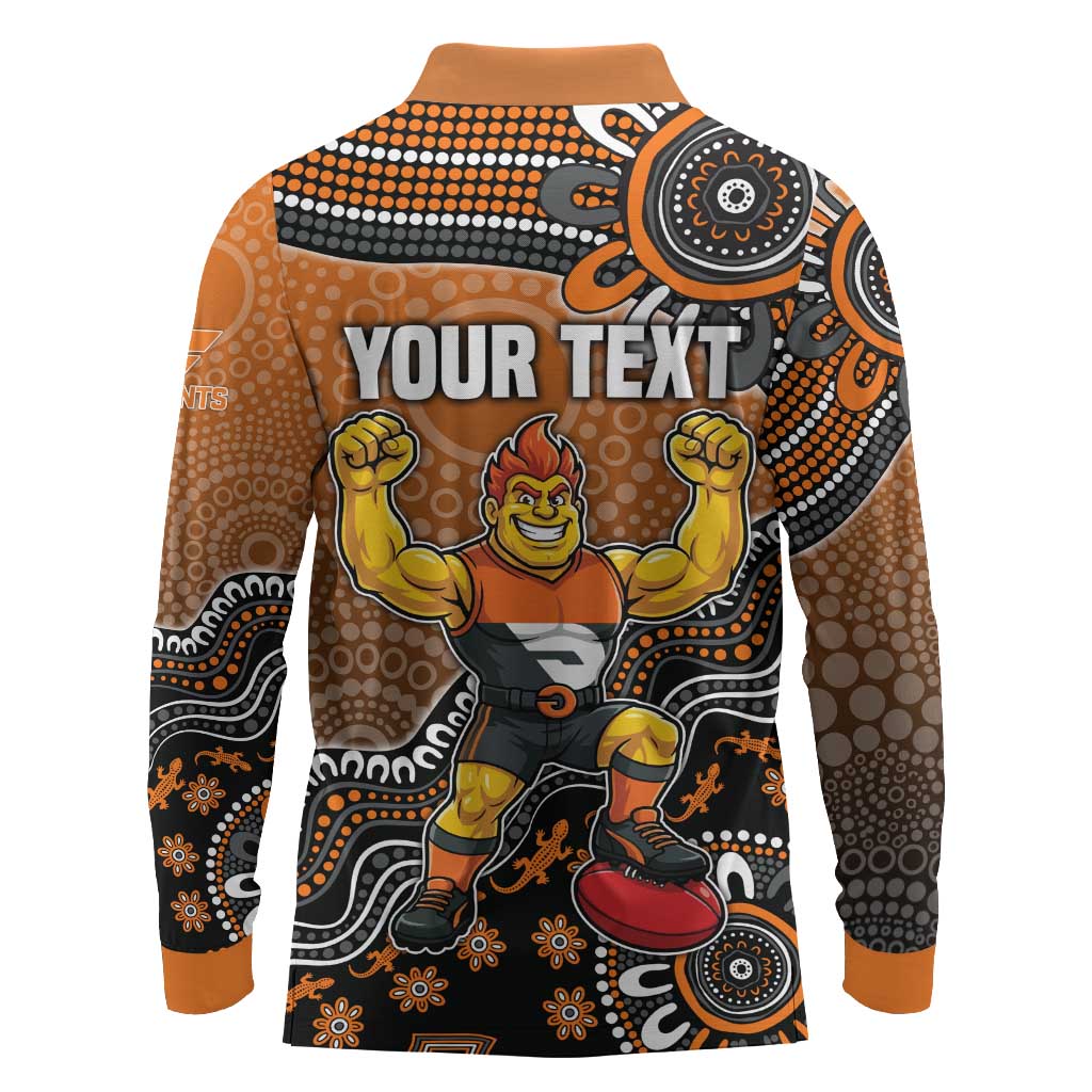 Personalized Giants Football Mascot Long Sleeve Polo Shirt Aboriginal Dot Art Style Vibrant Indigenous Pattern Design