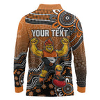 Personalized Giants Football Mascot Long Sleeve Polo Shirt Aboriginal Dot Art Style Vibrant Indigenous Pattern Design