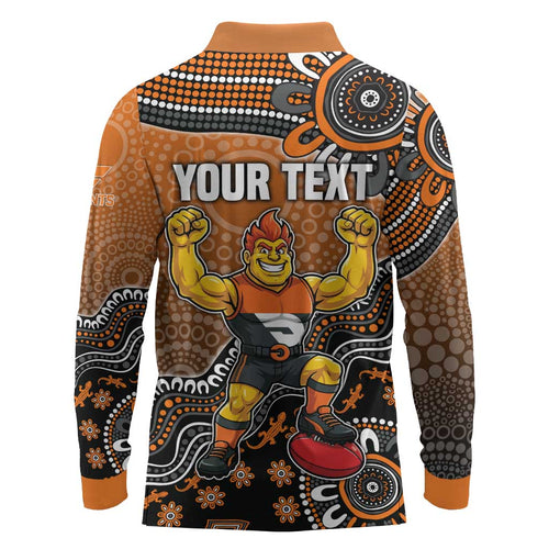 Personalized Giants Football Mascot Long Sleeve Polo Shirt Aboriginal Dot Art Style Vibrant Indigenous Pattern Design
