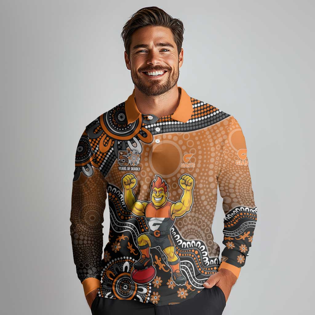 Personalized Giants Football Mascot Long Sleeve Polo Shirt Aboriginal Dot Art Style Vibrant Indigenous Pattern Design