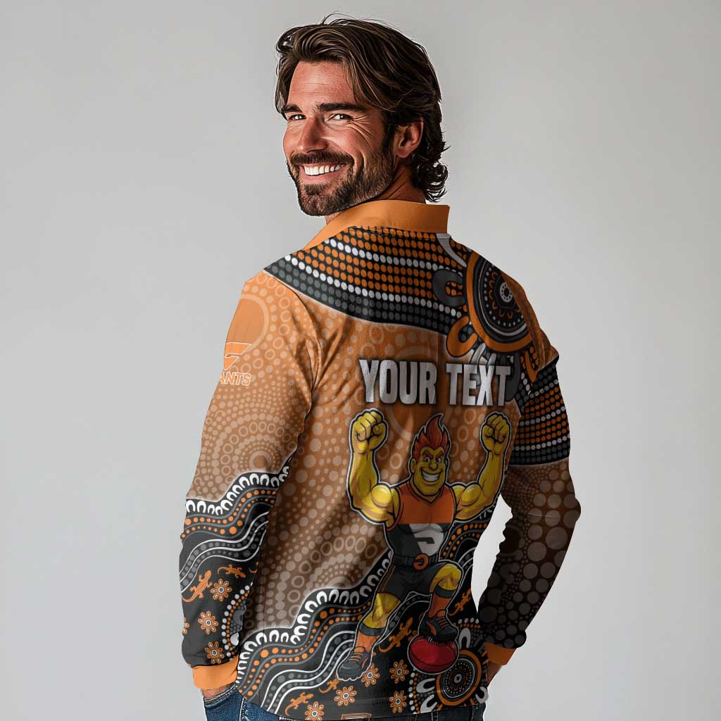 Personalized Giants Football Mascot Long Sleeve Polo Shirt Aboriginal Dot Art Style Vibrant Indigenous Pattern Design