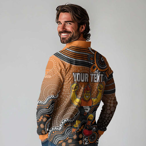 Personalized Giants Football Mascot Long Sleeve Polo Shirt Aboriginal Dot Art Style Vibrant Indigenous Pattern Design