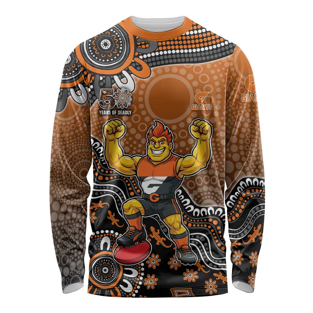 Personalized Giants Football Mascot Long Sleeve Shirt Aboriginal Dot Art Style Vibrant Indigenous Pattern Design