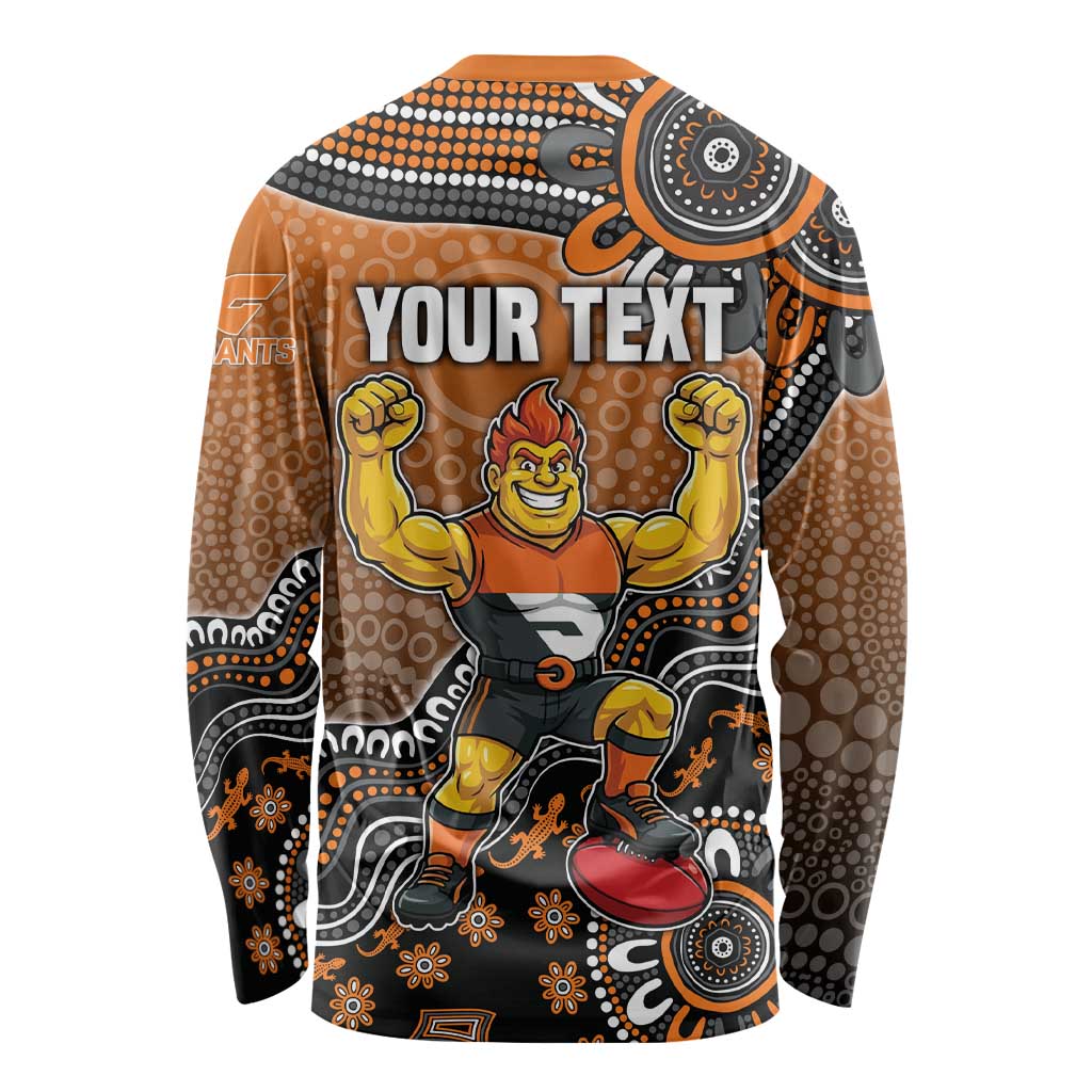 Personalized Giants Football Mascot Long Sleeve Shirt Aboriginal Dot Art Style Vibrant Indigenous Pattern Design