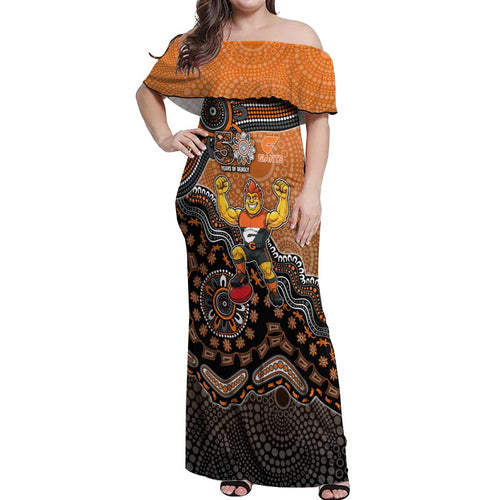 Personalized Giants Football Mascot Off Shoulder Maxi Dress Aboriginal Dot Art Style Vibrant Indigenous Pattern Design