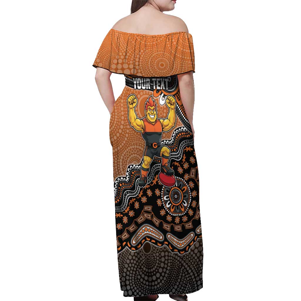 Personalized Giants Football Mascot Off Shoulder Maxi Dress Aboriginal Dot Art Style Vibrant Indigenous Pattern Design
