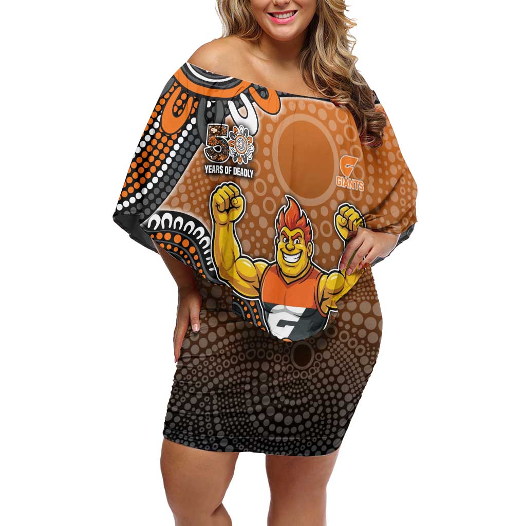Personalized Giants Football Mascot Off Shoulder Short Dress Aboriginal Dot Art Style Vibrant Indigenous Pattern Design