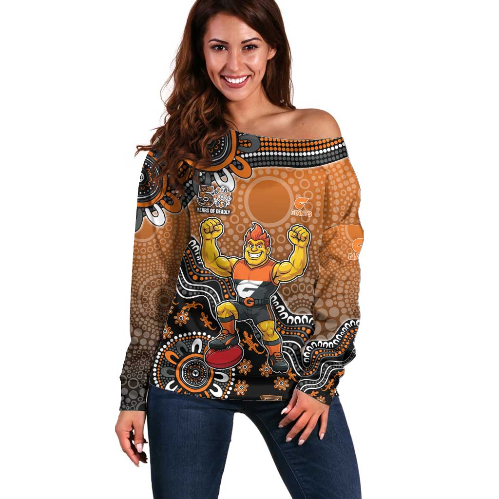 Personalized Giants Football Mascot Off Shoulder Sweater Aboriginal Dot Art Style Vibrant Indigenous Pattern Design