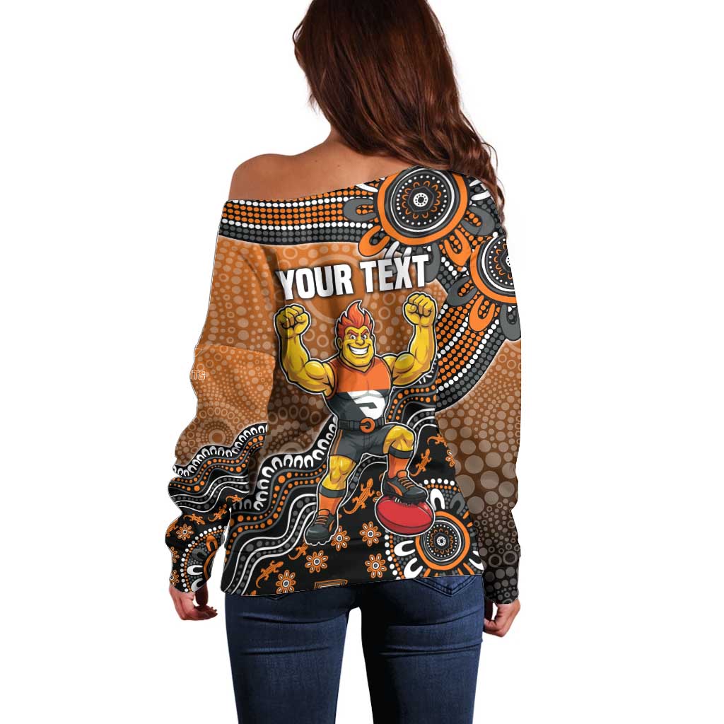 Personalized Giants Football Mascot Off Shoulder Sweater Aboriginal Dot Art Style Vibrant Indigenous Pattern Design