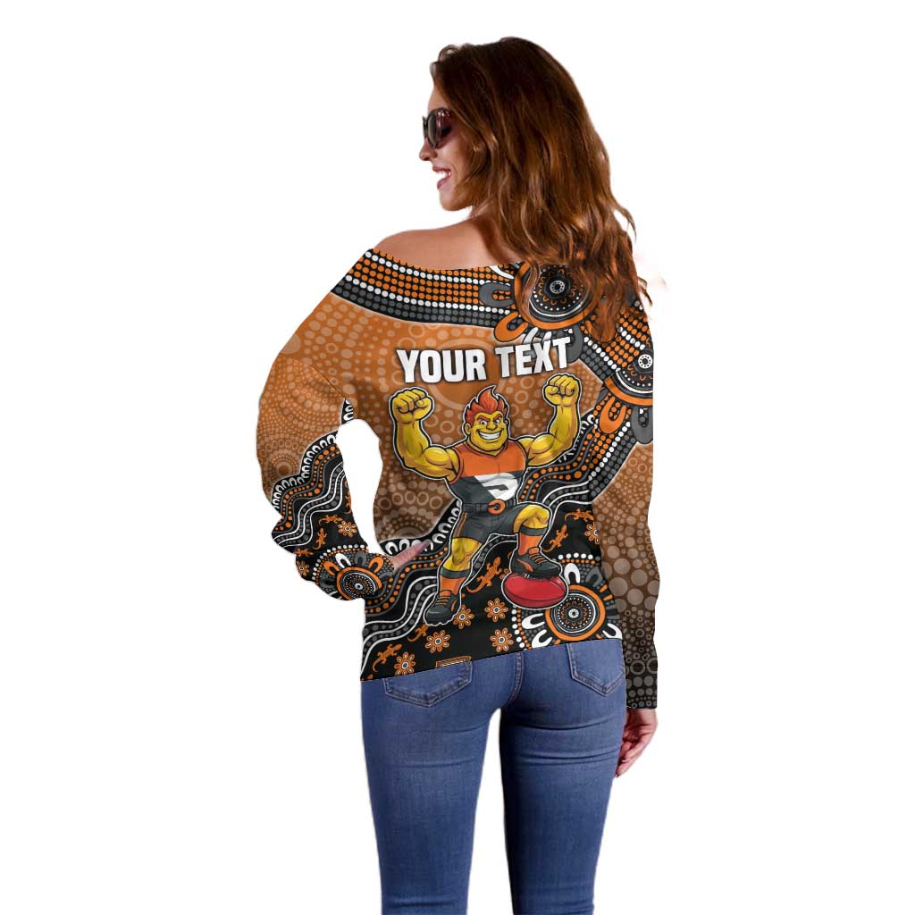 Personalized Giants Football Mascot Off Shoulder Sweater Aboriginal Dot Art Style Vibrant Indigenous Pattern Design