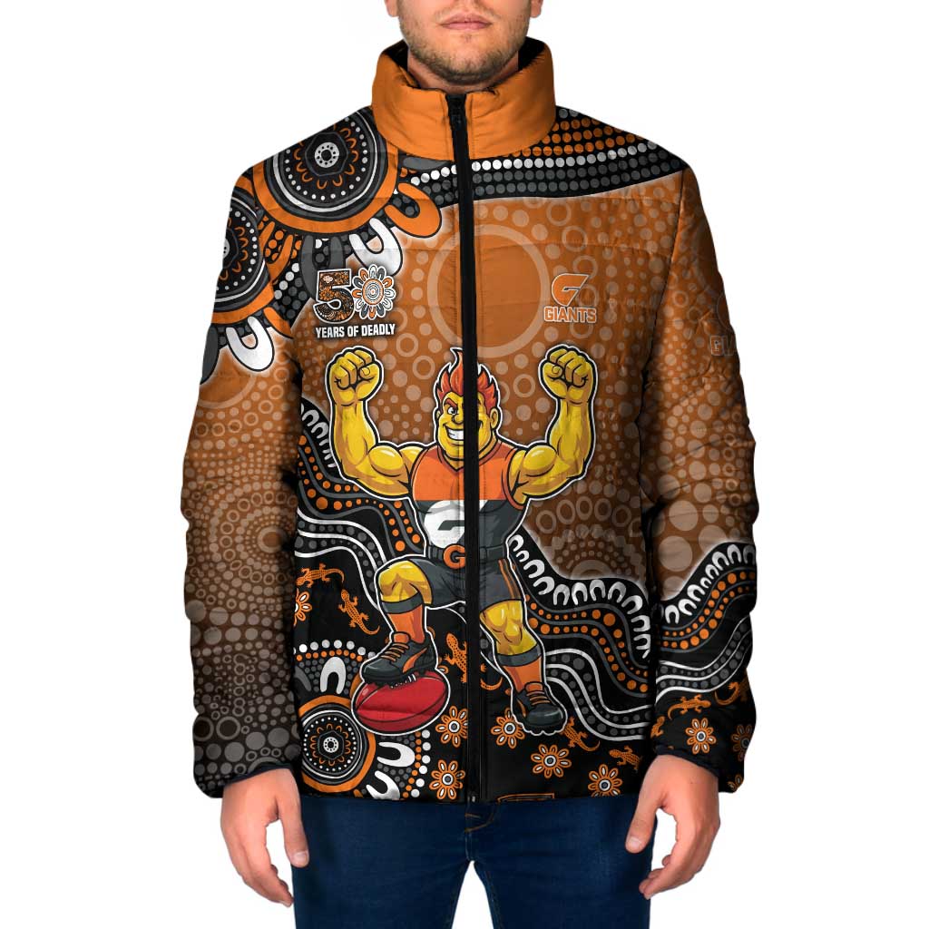 Personalized Giants Football Mascot Padded Jacket Aboriginal Dot Art Style Vibrant Indigenous Pattern Design