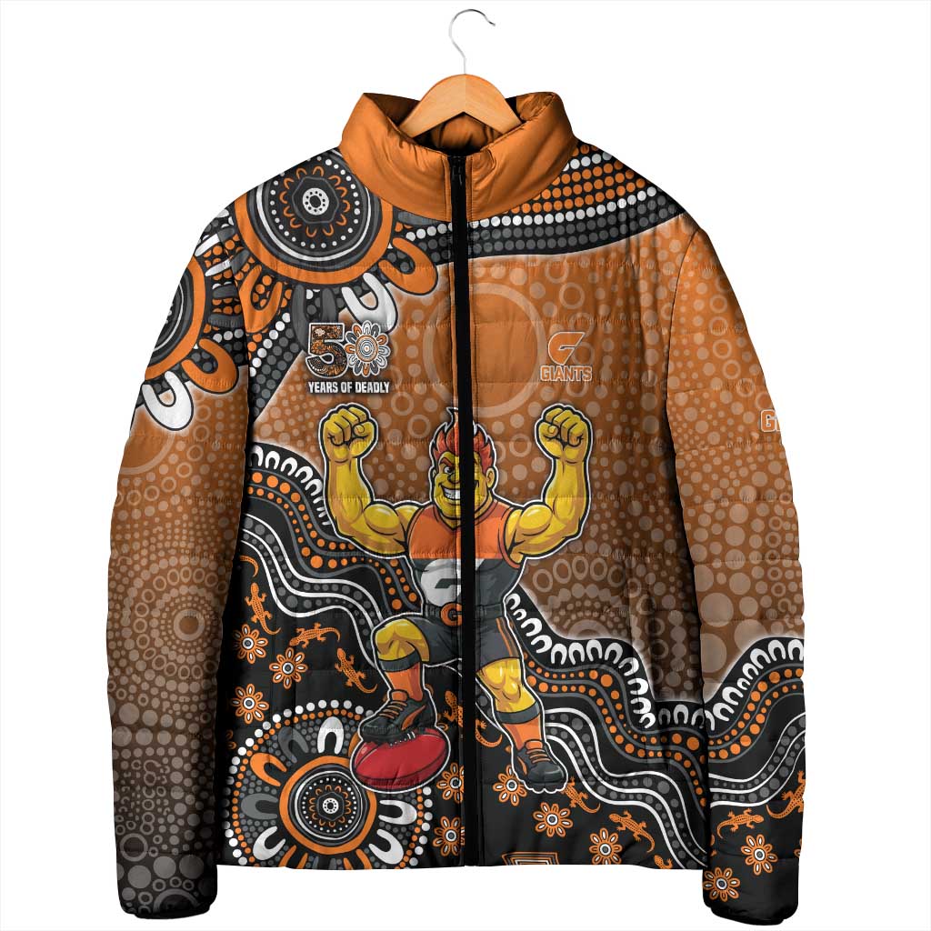 Personalized Giants Football Mascot Padded Jacket Aboriginal Dot Art Style Vibrant Indigenous Pattern Design