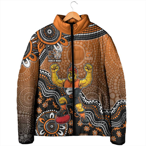 Personalized Giants Football Mascot Padded Jacket Aboriginal Dot Art Style Vibrant Indigenous Pattern Design