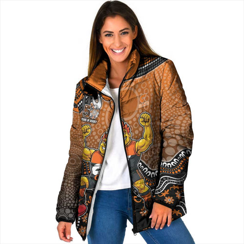 Personalized Giants Football Mascot Padded Jacket Aboriginal Dot Art Style Vibrant Indigenous Pattern Design