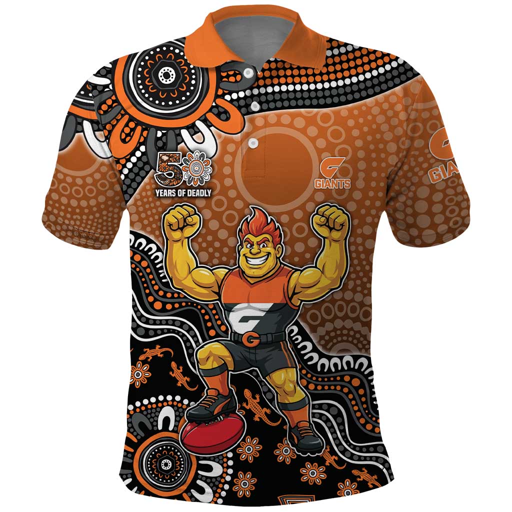 Personalized Giants Football Mascot Polo Shirt Aboriginal Dot Art Style Vibrant Indigenous Pattern Design