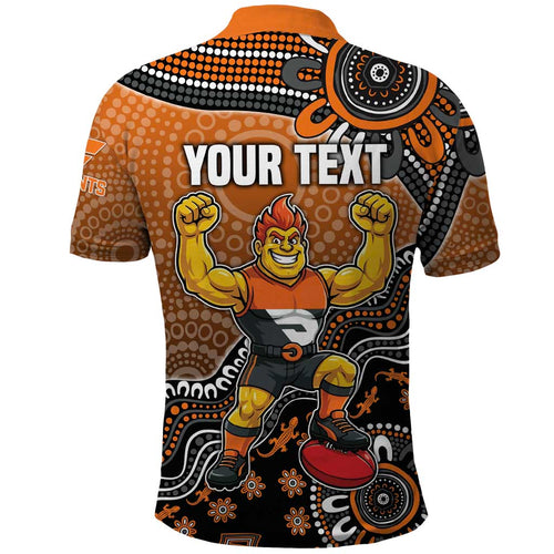 Personalized Giants Football Mascot Polo Shirt Aboriginal Dot Art Style Vibrant Indigenous Pattern Design