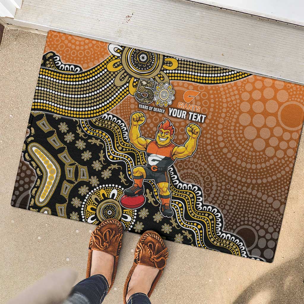 Personalized Giants Football Mascot Rubber Doormat Aboriginal Dot Art Style Vibrant Indigenous Pattern Design
