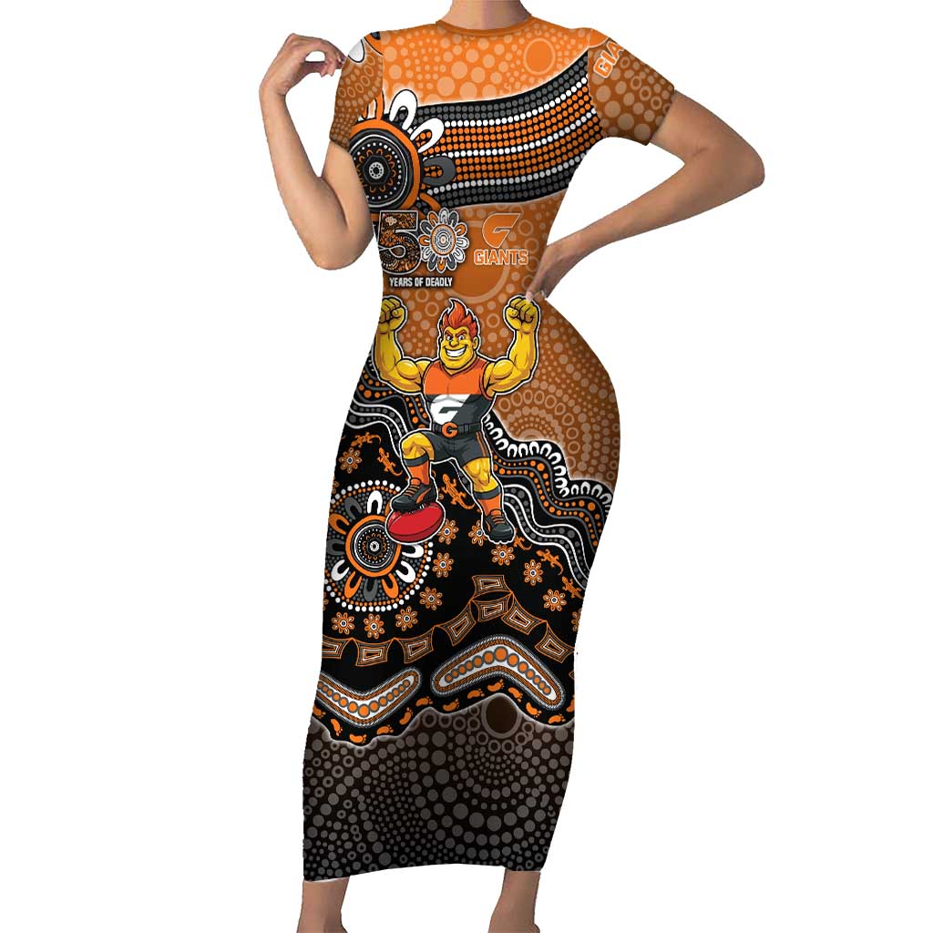 Personalized Giants Football Mascot Short Sleeve Bodycon Dress Aboriginal Dot Art Style Vibrant Indigenous Pattern Design
