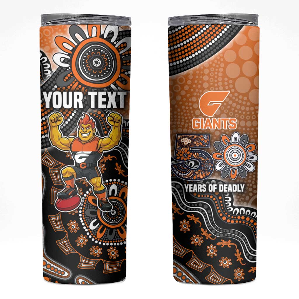 Personalized Giants Football Mascot Skinny Tumbler Aboriginal Dot Art Style Vibrant Indigenous Pattern Design