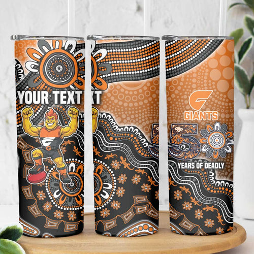 Personalized Giants Football Mascot Skinny Tumbler Aboriginal Dot Art Style Vibrant Indigenous Pattern Design