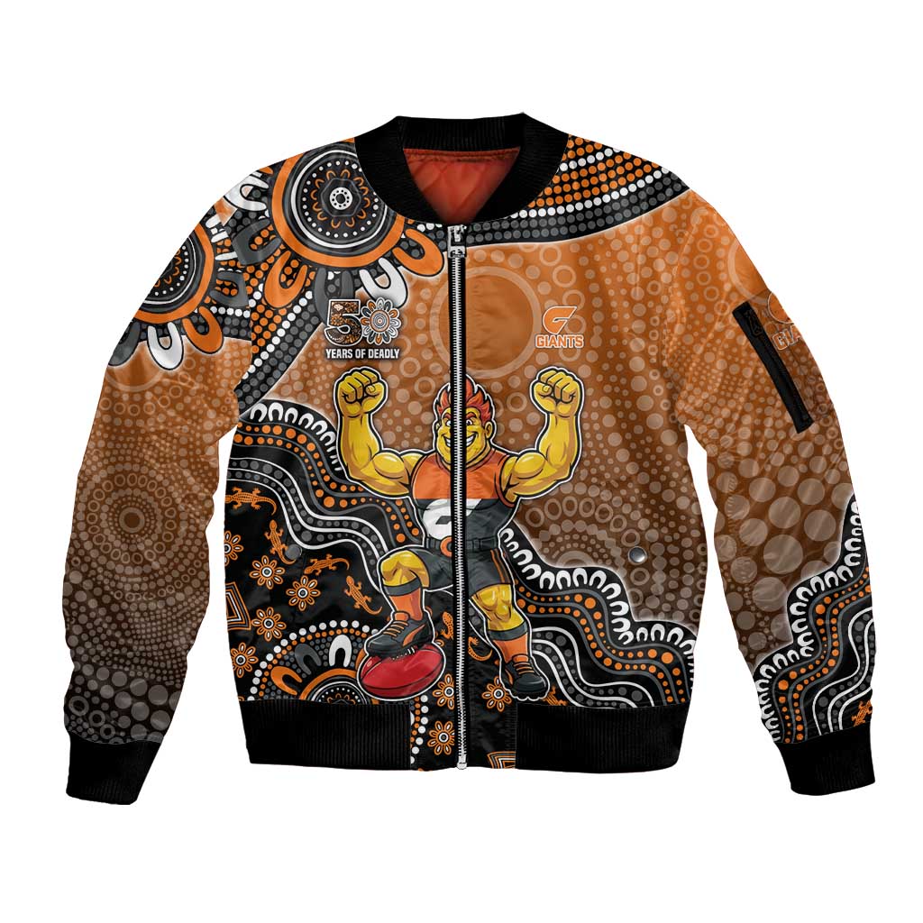 Personalized Giants Football Mascot Sleeve Zip Bomber Jacket Aboriginal Dot Art Style Vibrant Indigenous Pattern Design