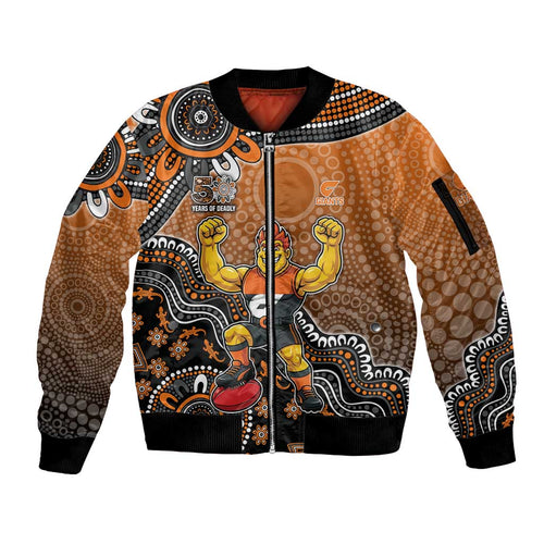 Personalized Giants Football Mascot Sleeve Zip Bomber Jacket Aboriginal Dot Art Style Vibrant Indigenous Pattern Design