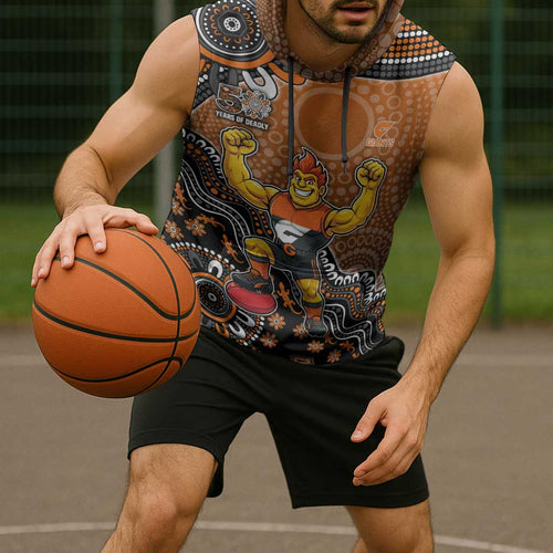 Personalized Giants Football Mascot Sleeveless Hoodie Aboriginal Dot Art Style Vibrant Indigenous Pattern Design