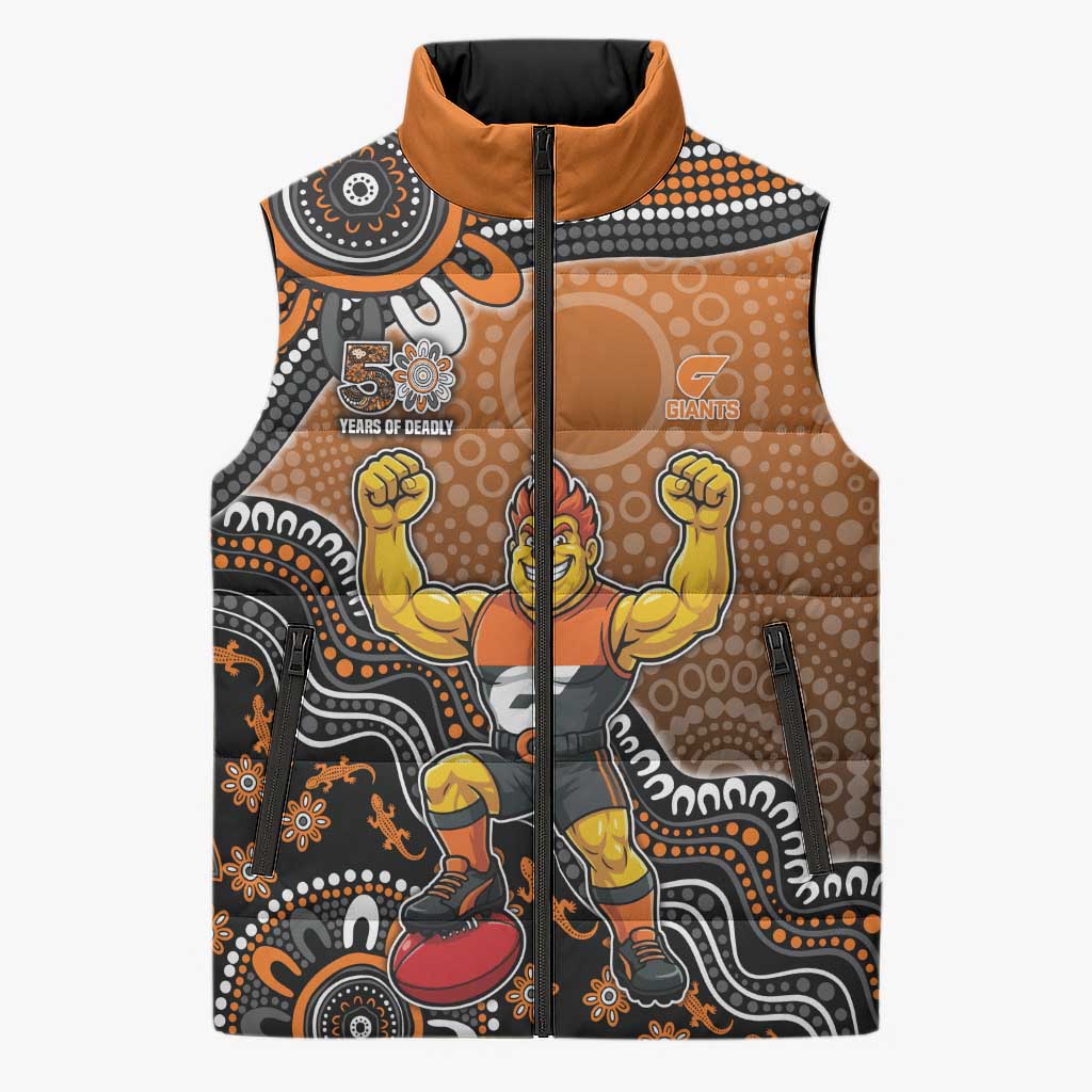 Personalized Giants Football Mascot Sleeveless Puffer Jacket Aboriginal Dot Art Style Vibrant Indigenous Pattern Design