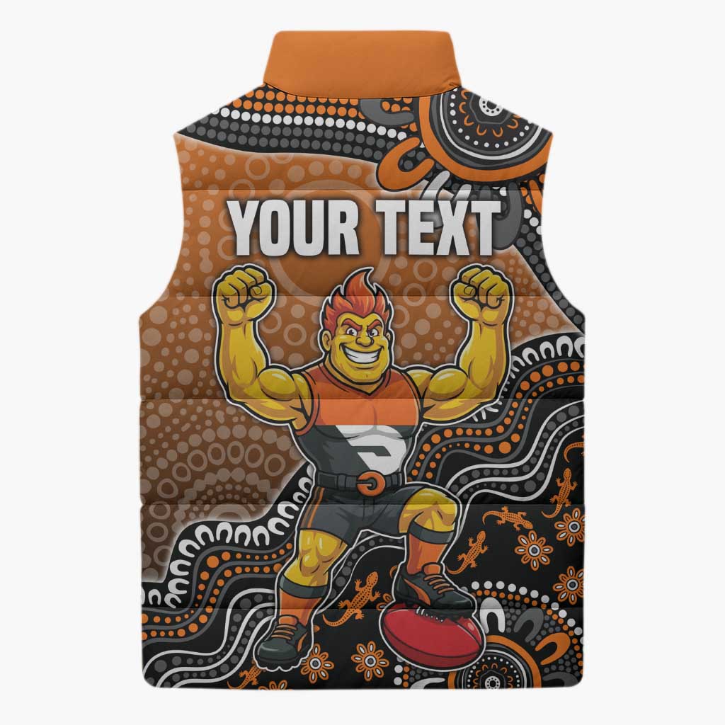 Personalized Giants Football Mascot Sleeveless Puffer Jacket Aboriginal Dot Art Style Vibrant Indigenous Pattern Design