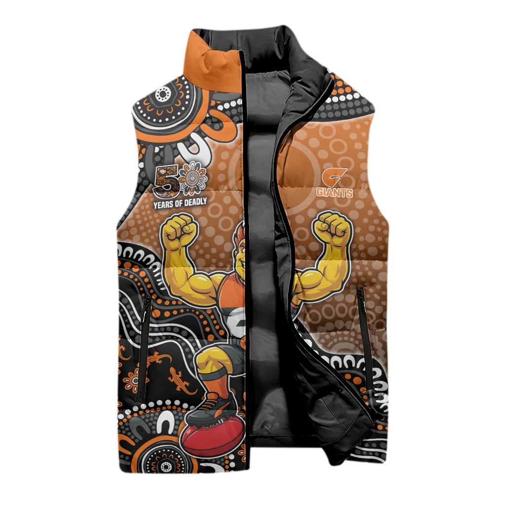Personalized Giants Football Mascot Sleeveless Puffer Jacket Aboriginal Dot Art Style Vibrant Indigenous Pattern Design