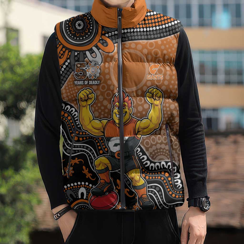 Personalized Giants Football Mascot Sleeveless Puffer Jacket Aboriginal Dot Art Style Vibrant Indigenous Pattern Design