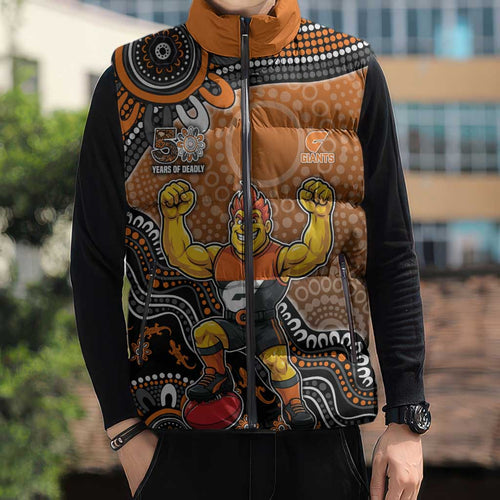 Personalized Giants Football Mascot Sleeveless Puffer Jacket Aboriginal Dot Art Style Vibrant Indigenous Pattern Design