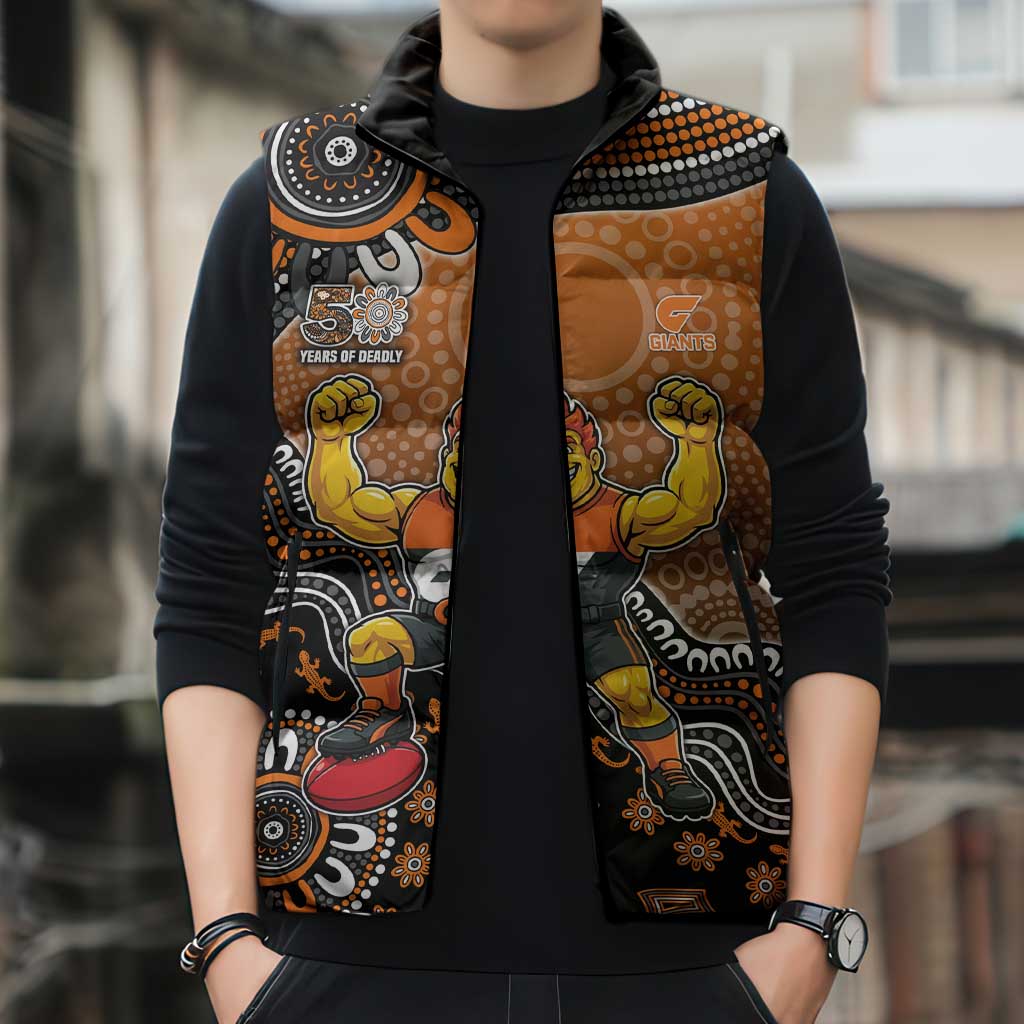 Personalized Giants Football Mascot Sleeveless Puffer Jacket Aboriginal Dot Art Style Vibrant Indigenous Pattern Design