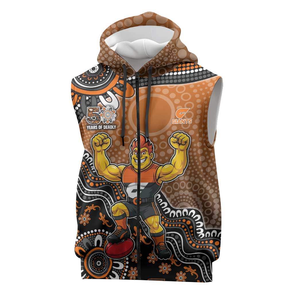 Personalized Giants Football Mascot Sleeveless Zip Hoodie Aboriginal Dot Art Style Vibrant Indigenous Pattern Design