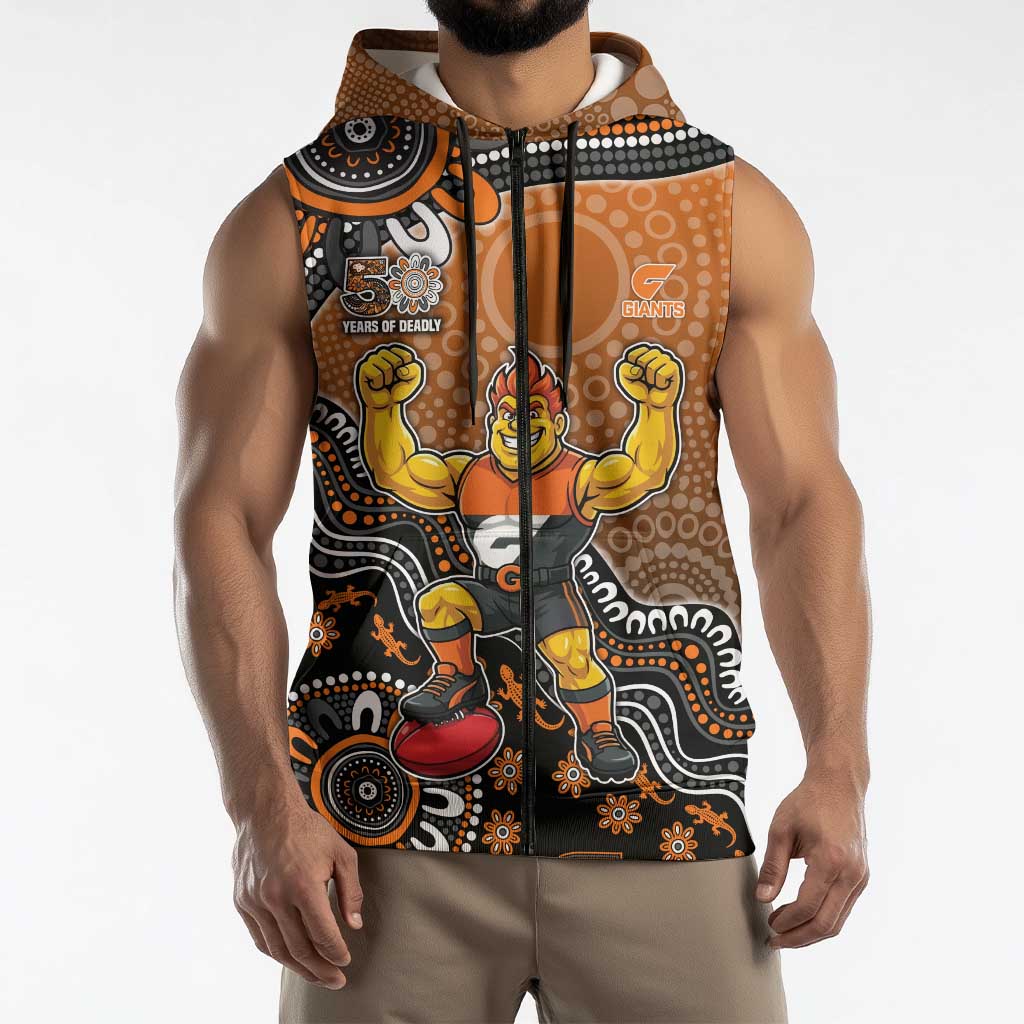 Personalized Giants Football Mascot Sleeveless Zip Hoodie Aboriginal Dot Art Style Vibrant Indigenous Pattern Design
