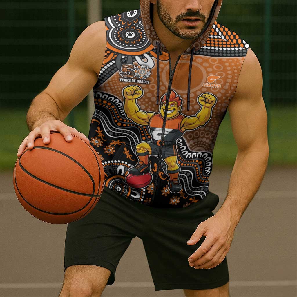 Personalized Giants Football Mascot Sleeveless Zip Hoodie Aboriginal Dot Art Style Vibrant Indigenous Pattern Design