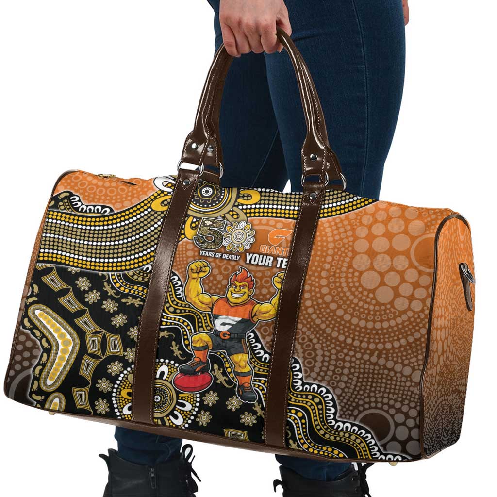 Personalized Giants Football Mascot Travel Bag Aboriginal Dot Art Style Vibrant Indigenous Pattern Design