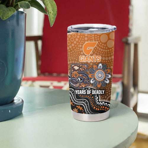 Personalized Giants Football Mascot Tumbler Cup Aboriginal Dot Art Style Vibrant Indigenous Pattern Design