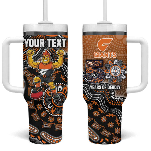 Personalized Giants Football Mascot Tumbler With Handle Aboriginal Dot Art Style Vibrant Indigenous Pattern Design