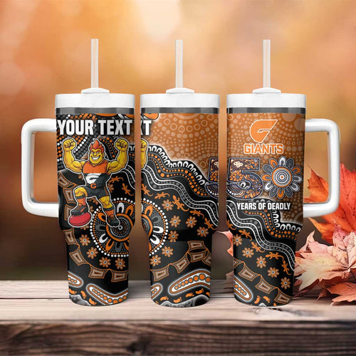 Personalized Giants Football Mascot Tumbler With Handle Aboriginal Dot Art Style Vibrant Indigenous Pattern Design