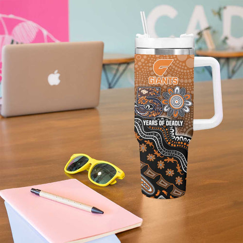 Personalized Giants Football Mascot Tumbler With Handle Aboriginal Dot Art Style Vibrant Indigenous Pattern Design