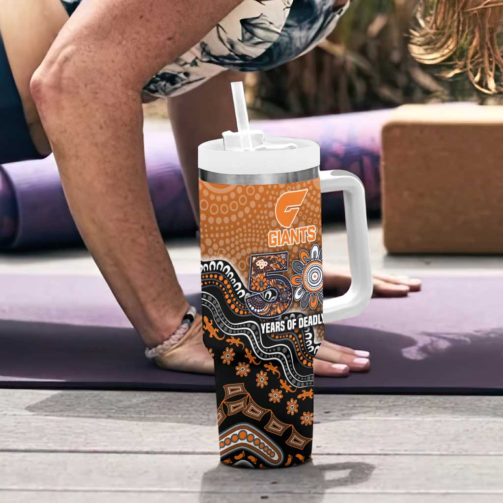 Personalized Giants Football Mascot Tumbler With Handle Aboriginal Dot Art Style Vibrant Indigenous Pattern Design
