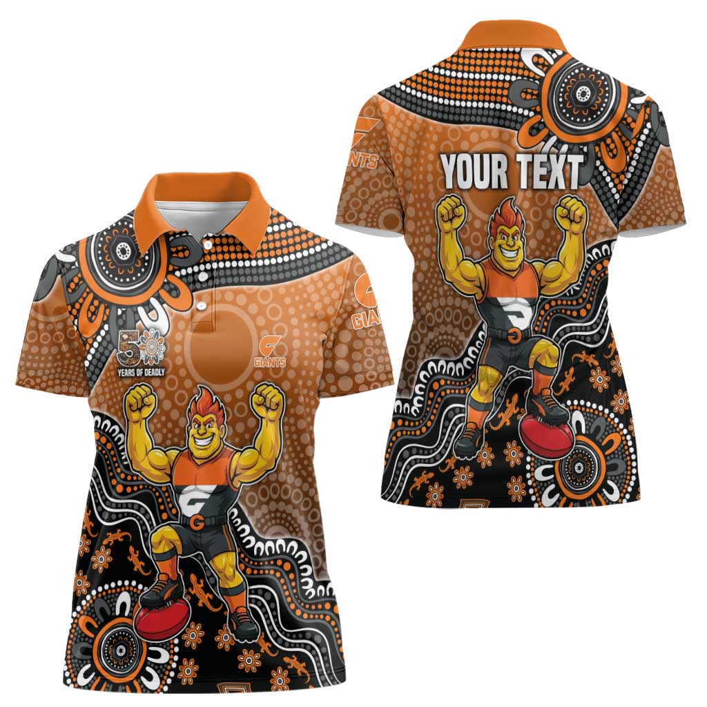 Personalized Giants Football Mascot Women Polo Shirt Aboriginal Dot Art Style Vibrant Indigenous Pattern Design