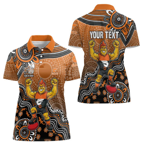 Personalized Giants Football Mascot Women Polo Shirt Aboriginal Dot Art Style Vibrant Indigenous Pattern Design