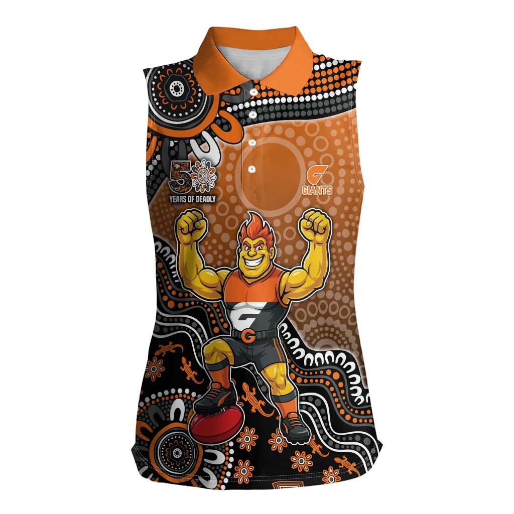 Personalized Giants Football Mascot Women Sleeveless Polo Shirt Aboriginal Dot Art Style Vibrant Indigenous Pattern Design